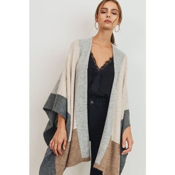 New Cherish Gray Color block Gray Cream Tan Cardigan Shrug Poncho - Picture 1 of 12